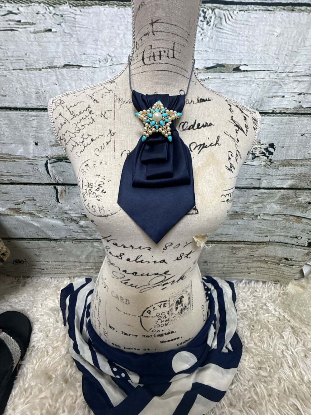 Upcycled Silk Necktie Boho Necklace With Star Pearl Brooch